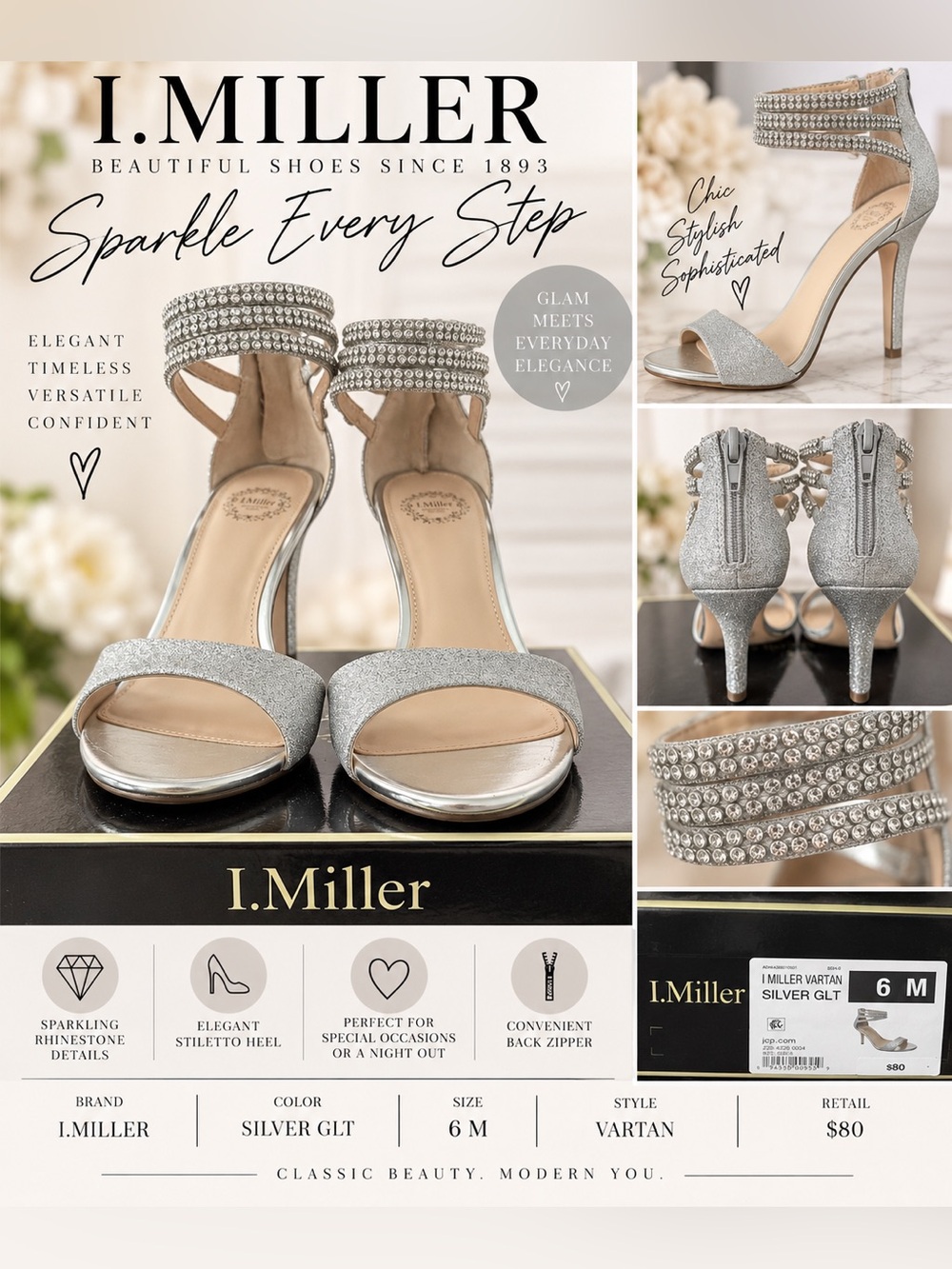 I. Miller Vartan Silver Glitter Rhinestone Ankle Strap Heels Size 6M